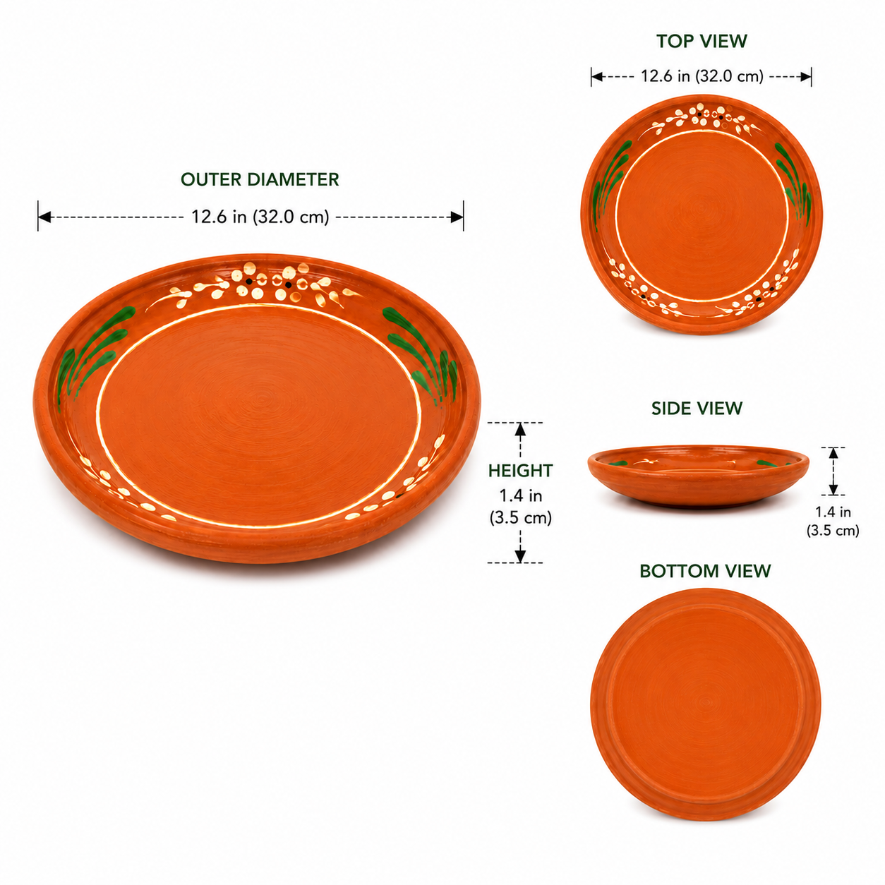 An orange ceramic serving platter with green and white floral patterns, shown with dimension callouts for outer diameter, height, and depth from top, side, and bottom views on a white background.
