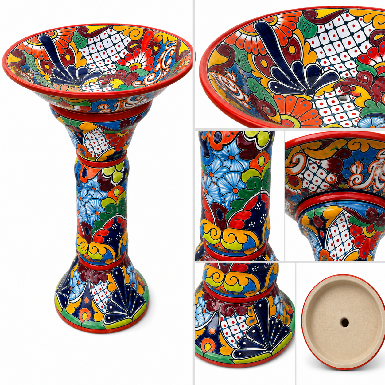 Talavera Style Ceramic Clay Bird Bath Pedestal