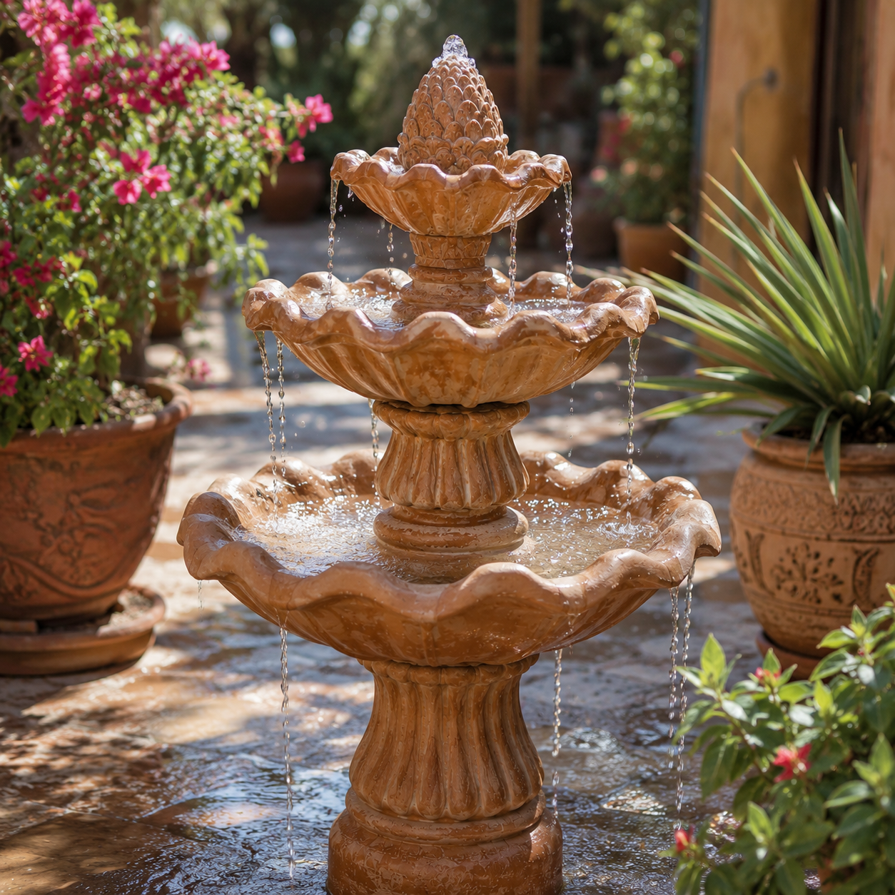 3 Tier Clay Outdoor Garden Water Fountain with Pinecone Finial