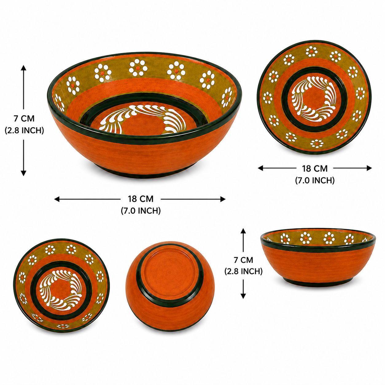 A set of five views of a decorative ceramic bowl with dimension arrows and measurements showing its height of 7 cm (2.8 inches) and diameter of 18 cm (7.