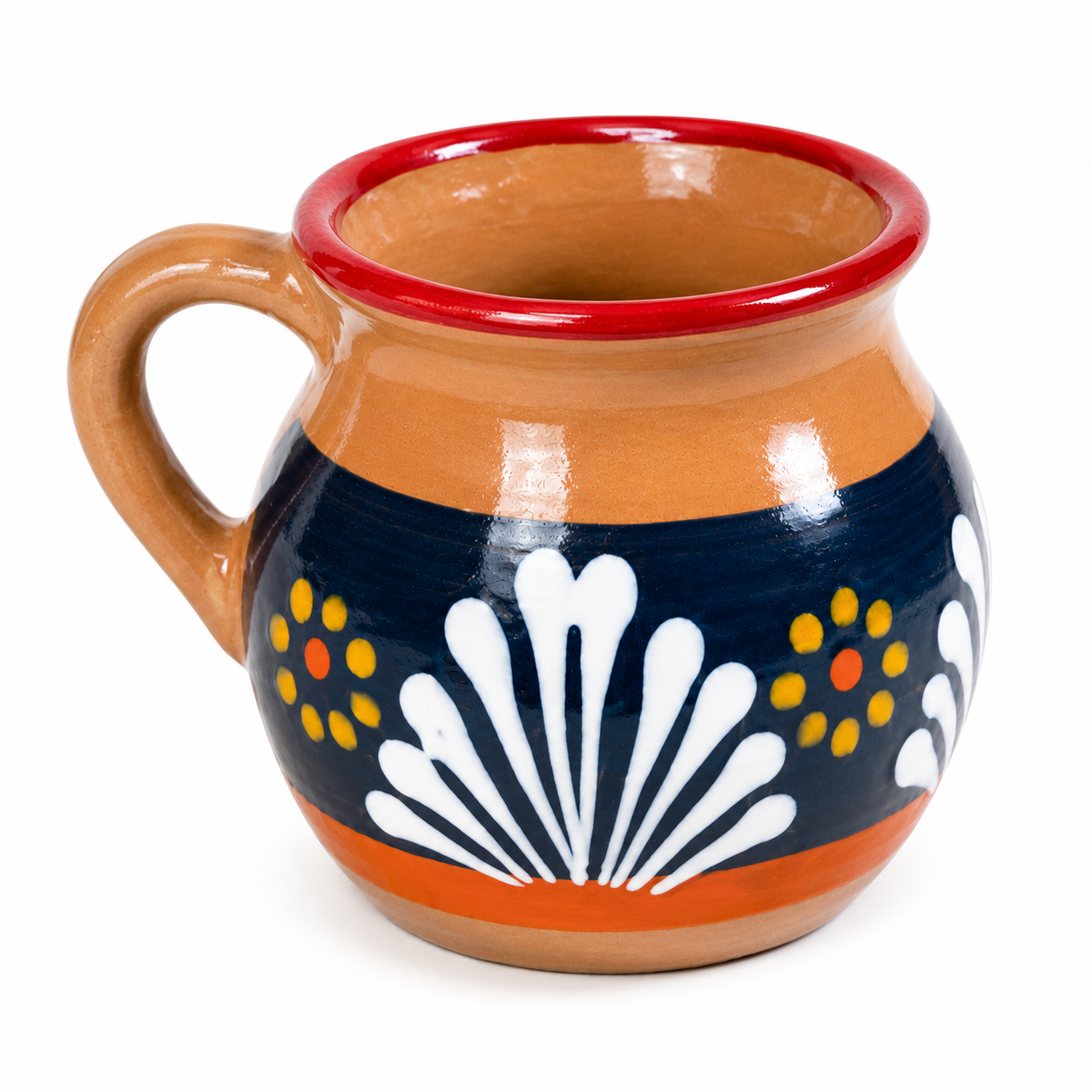A hand-painted ceramic mug with a terracotta handle and base, featuring a navy blue band decorated with white scallop motifs and yellow dots, and a red rim.