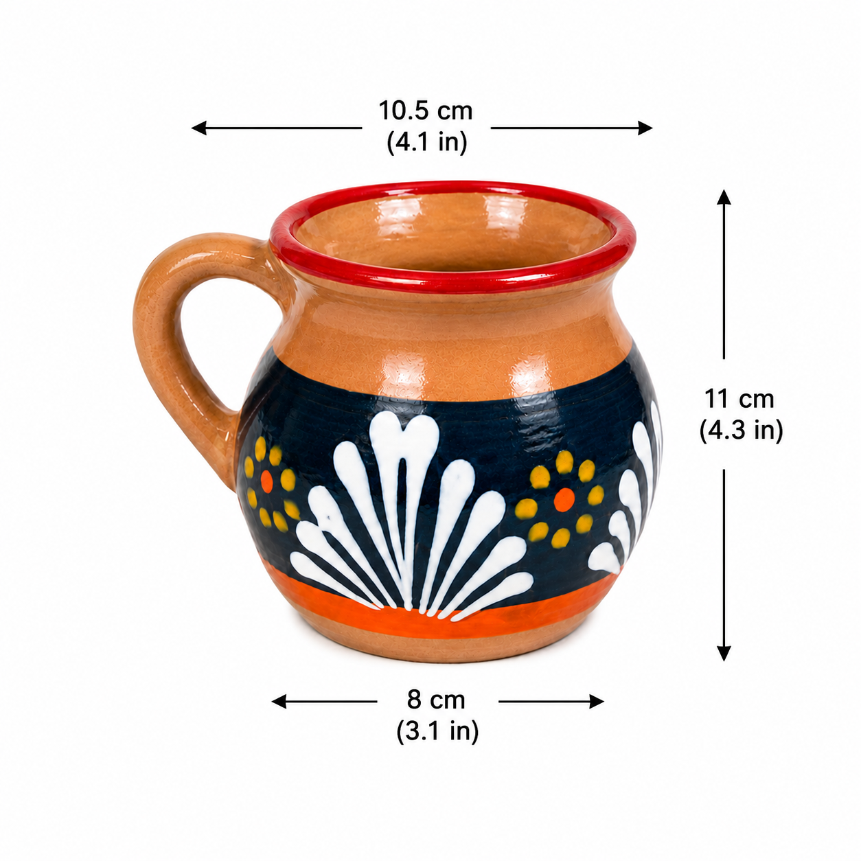 A hand-painted ceramic mug with dimensions labeled: 10.5 cm (4.