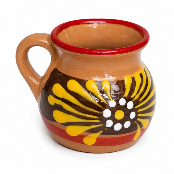A hand-painted ceramic mug with a terracotta body, a red glazed rim, and a yellow and brown sunburst floral pattern with white dots on the front, set against a plain white background.