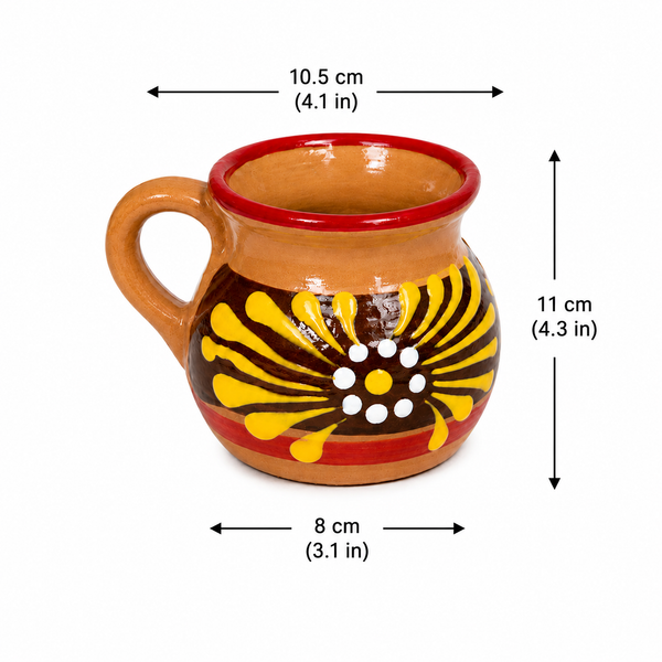 A hand-painted ceramic mug with dimensions labeled: 10.5 cm width, 11 cm height, and 8 cm base diameter, shown on a white background.