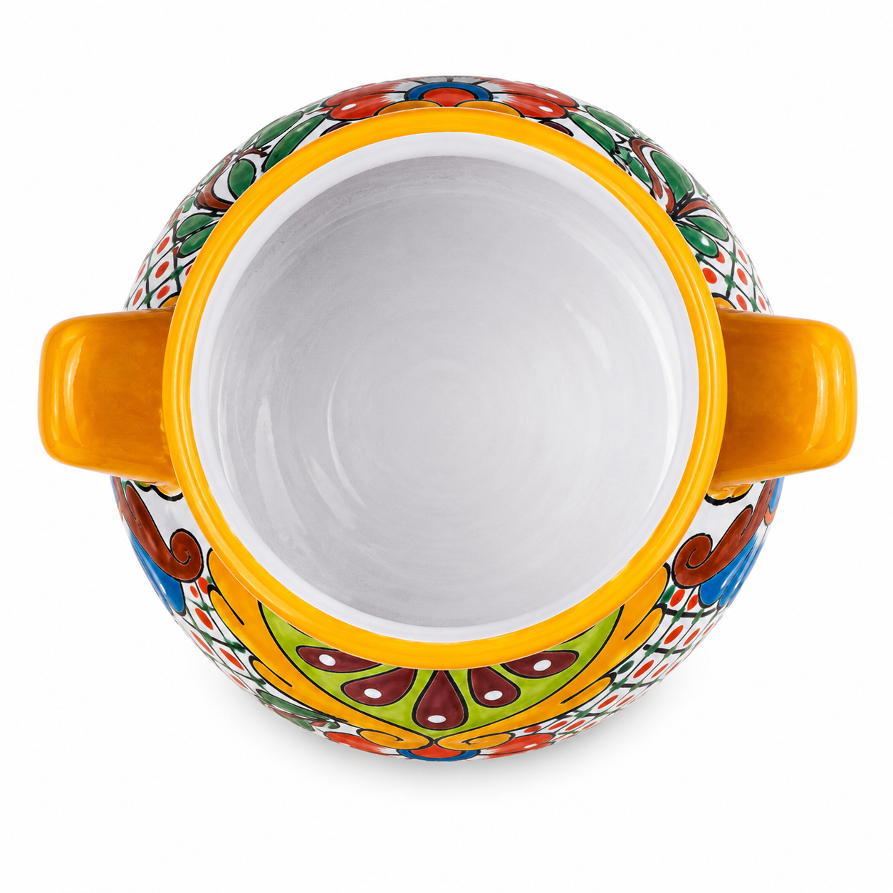 A top-down view of a ceramic bowl with a vibrant, multicolored hand-painted pattern and bright yellow-orange handles and rim, set against a plain white background.