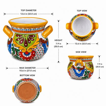 A colorful hand-painted ceramic planter pot with detailed Mexican Talavera-style patterns, showing multiple views with dimension lines and measurements on a white background.