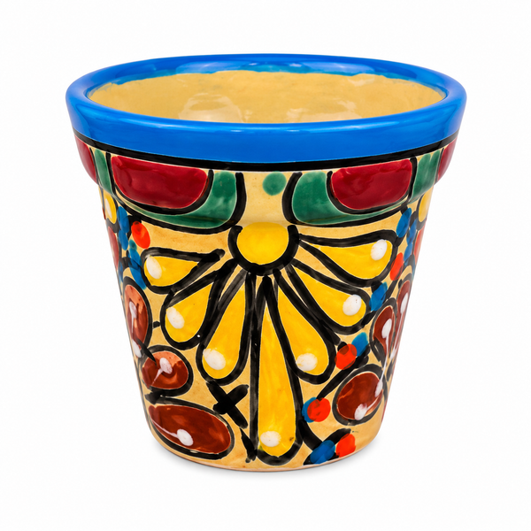 A hand-painted ceramic planter pot with a yellow sunflower design, a blue rim, and red, green, and brown accents on a white background.