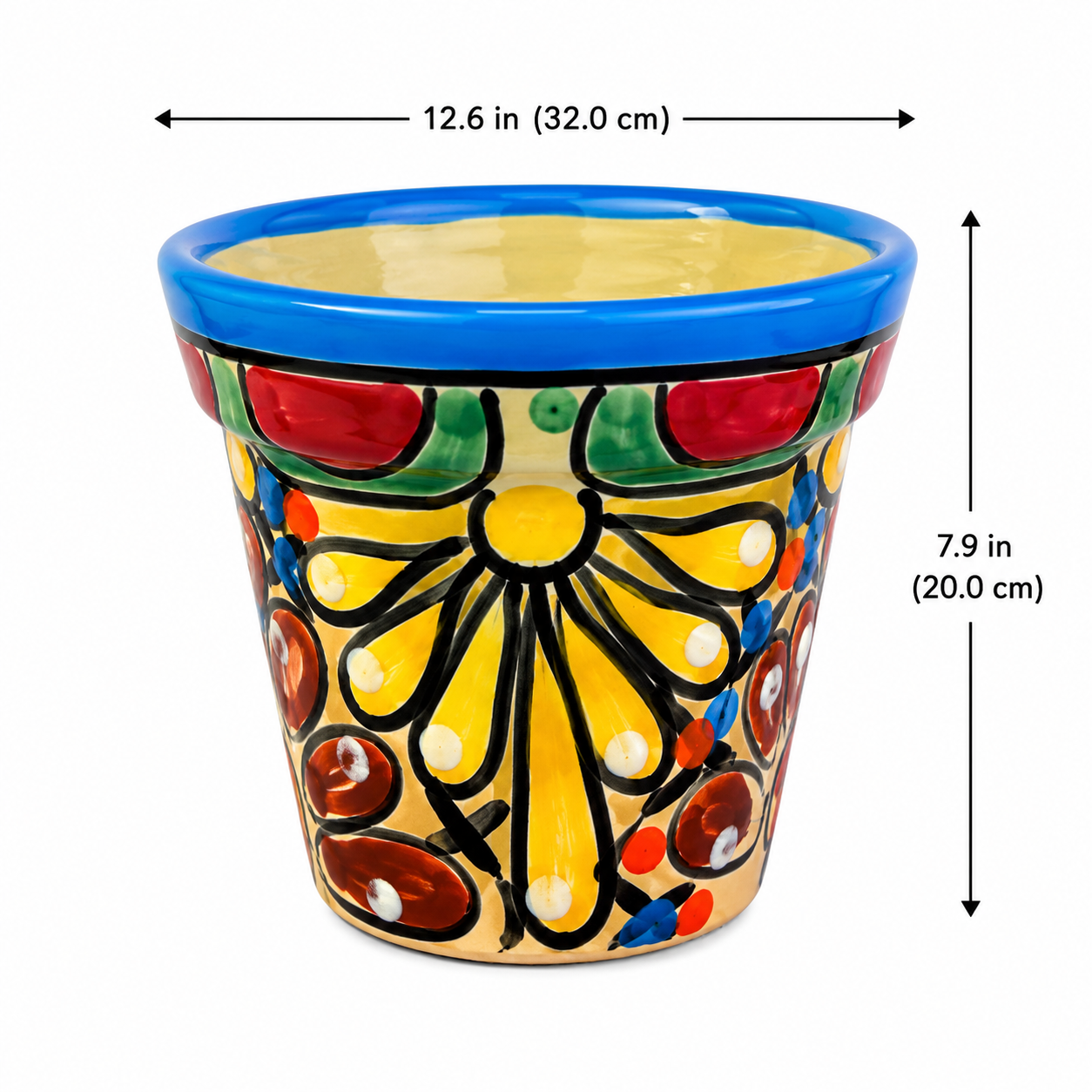 A hand-painted ceramic planter pot with a yellow sunflower design, red and green accents, and a blue rim, shown with dimension arrows indicating its height of 7.9 inches (20.