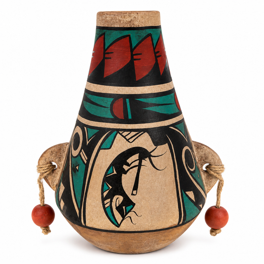 A handcrafted clay pot with a cork stopper, featuring geometric and tribal-style painted patterns in red, teal, black, and natural beige. It has two side handles made of twisted rope with small red wooden beads hanging from the ends, set against a plain white background.