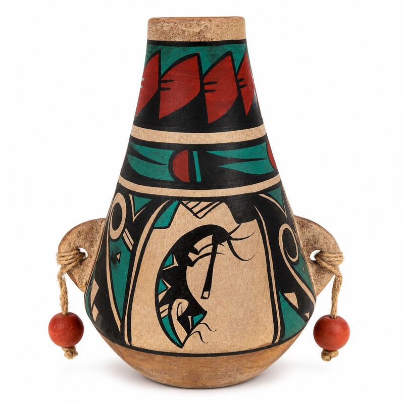 A handcrafted clay pot with a cork stopper, featuring geometric and tribal-style painted patterns in red, teal, black, and natural beige. It has two side handles made of twisted rope with small red wooden beads hanging from the ends, set against a plain white background.