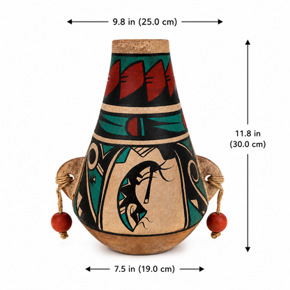 A hand-painted clay pot with dimensions labeled (9.8 in width at the top, 11.