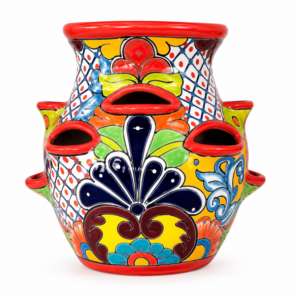 A colorful hand-painted ceramic planter pot with multiple side openings, decorated in a traditional Mexican Talavera style with vibrant yellow, red, blue, green, and brown patterns on a white background.