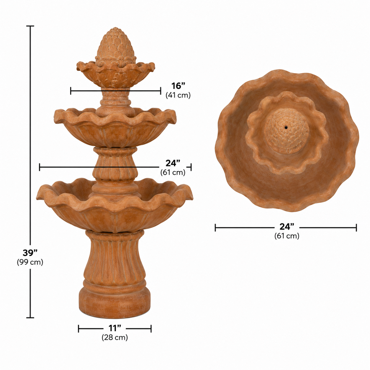 3 Tier Clay Outdoor Garden Water Fountain with Pinecone Finial