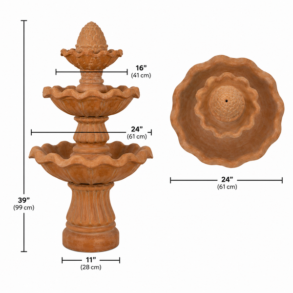 3 Tier Clay Outdoor Garden Water Fountain with Pinecone Finial
