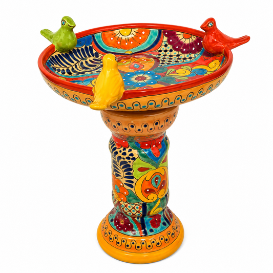 Talavera Style Ceramic Bird Bath with Decorative Birds