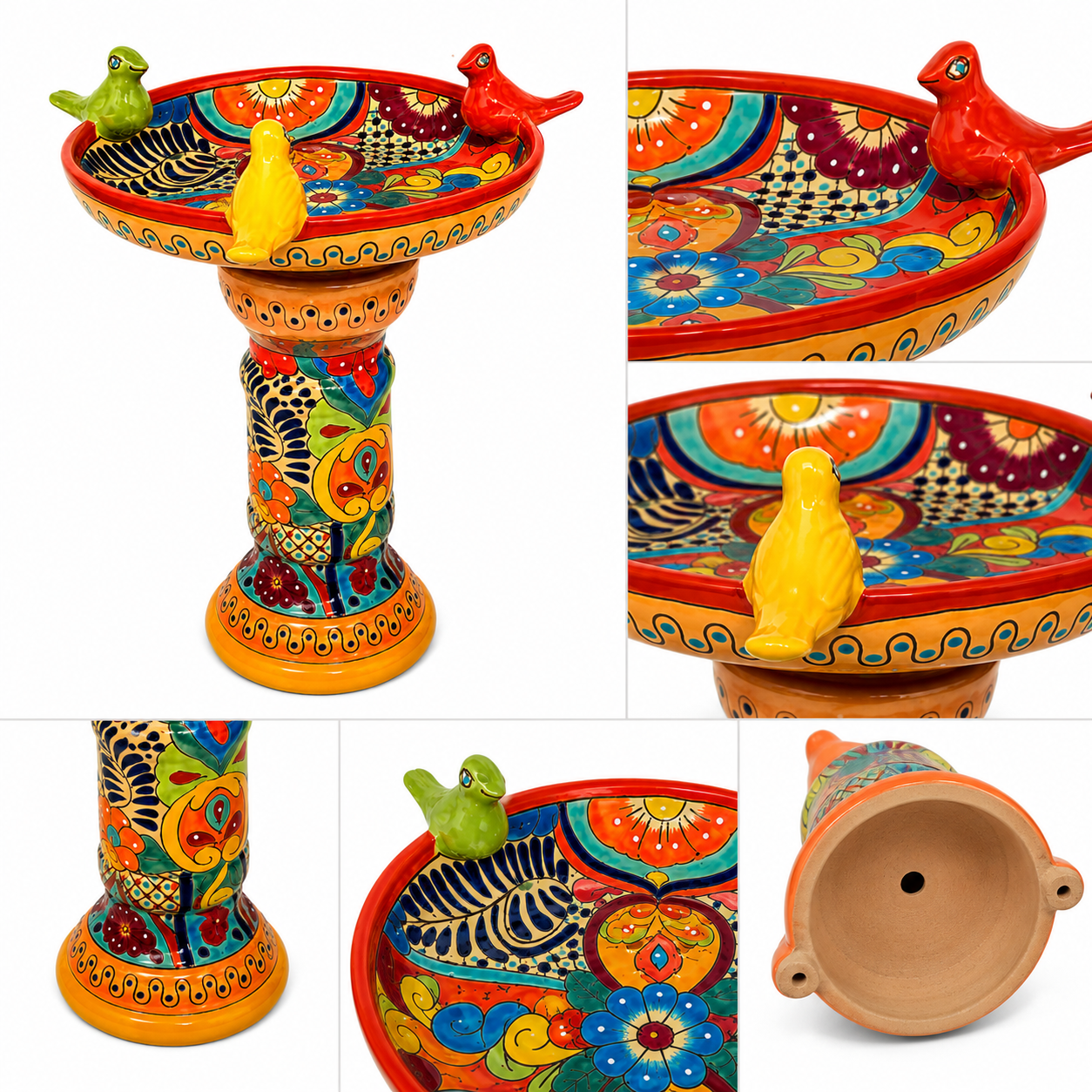 Talavera Style Ceramic Bird Bath with Decorative Birds