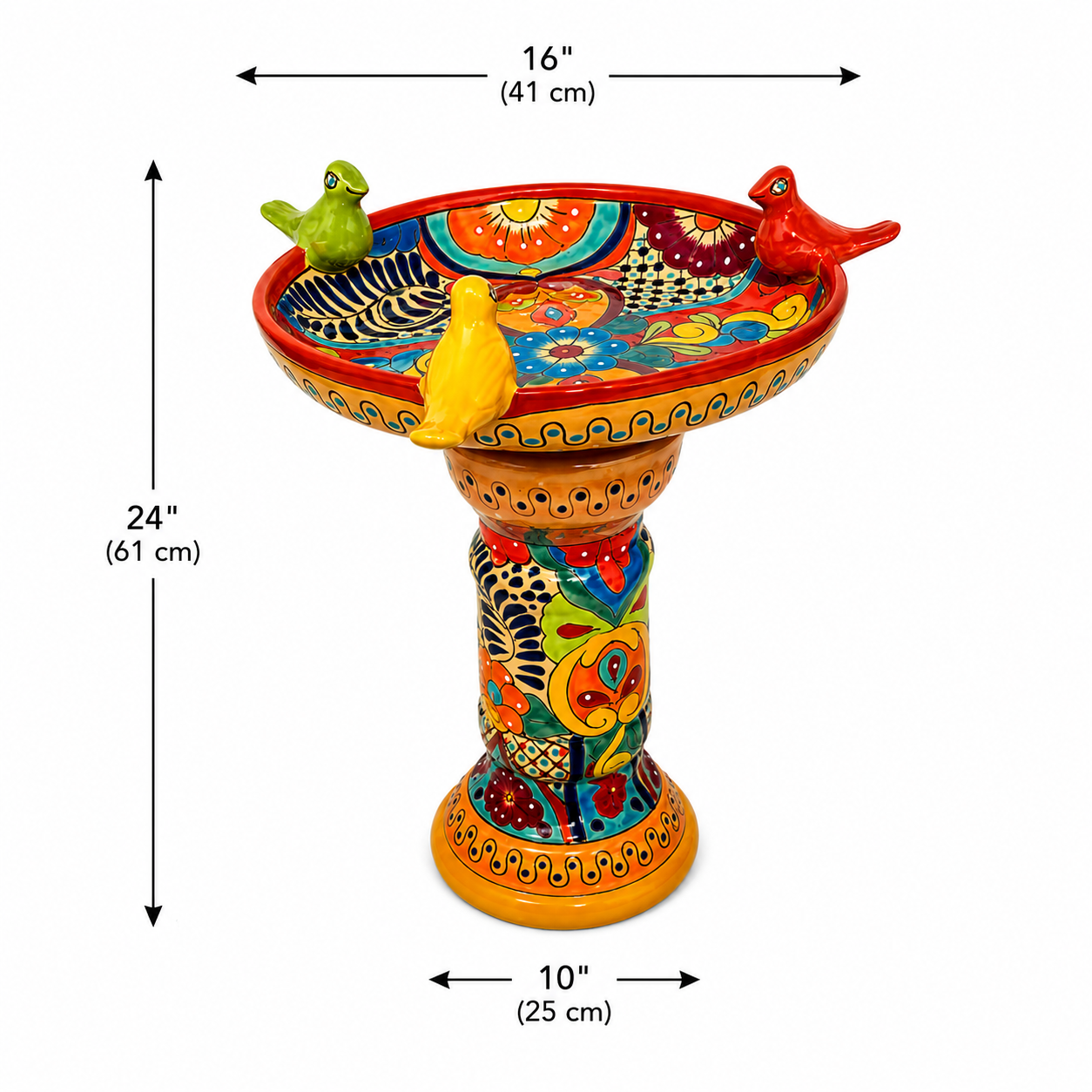 Talavera Style Ceramic Bird Bath with Decorative Birds