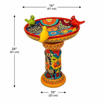 Talavera Style Ceramic Bird Bath with Decorative Birds