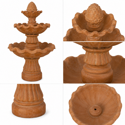 3 Tier Clay Outdoor Garden Water Fountain with Pinecone Finial