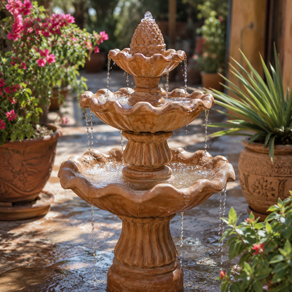 3 Tier Clay Outdoor Garden Water Fountain with Pinecone Finial